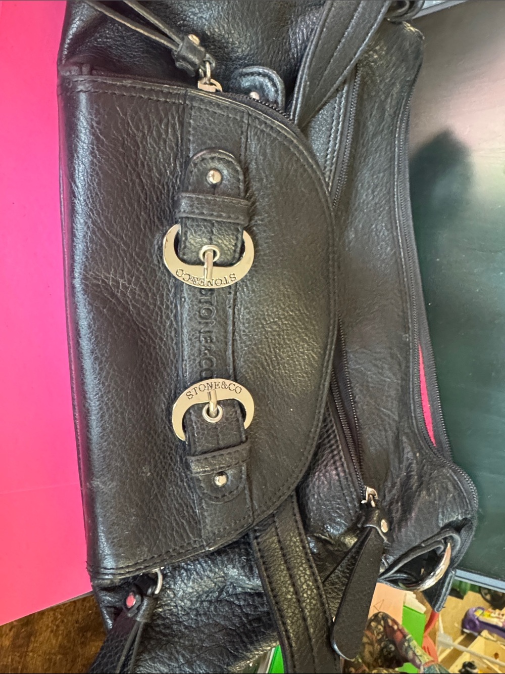 Stone & Co. Black Leather Shoulder Bag with Gold Accents